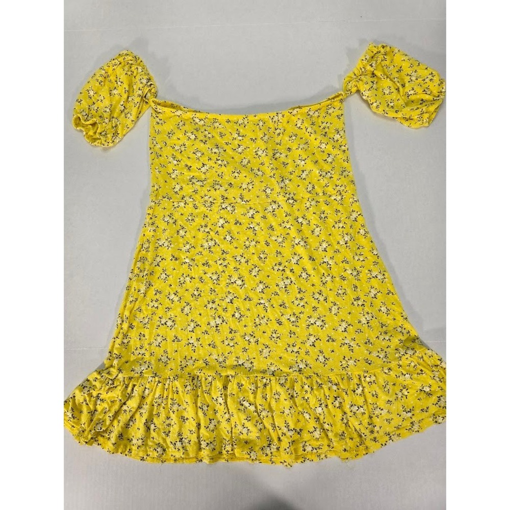 PrettyLittleThing Yellow Floral Print Off Shoulder Ruffle Mini Dress US 12‎
